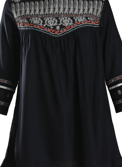 Black Round Neck Printed Top - wforwoman