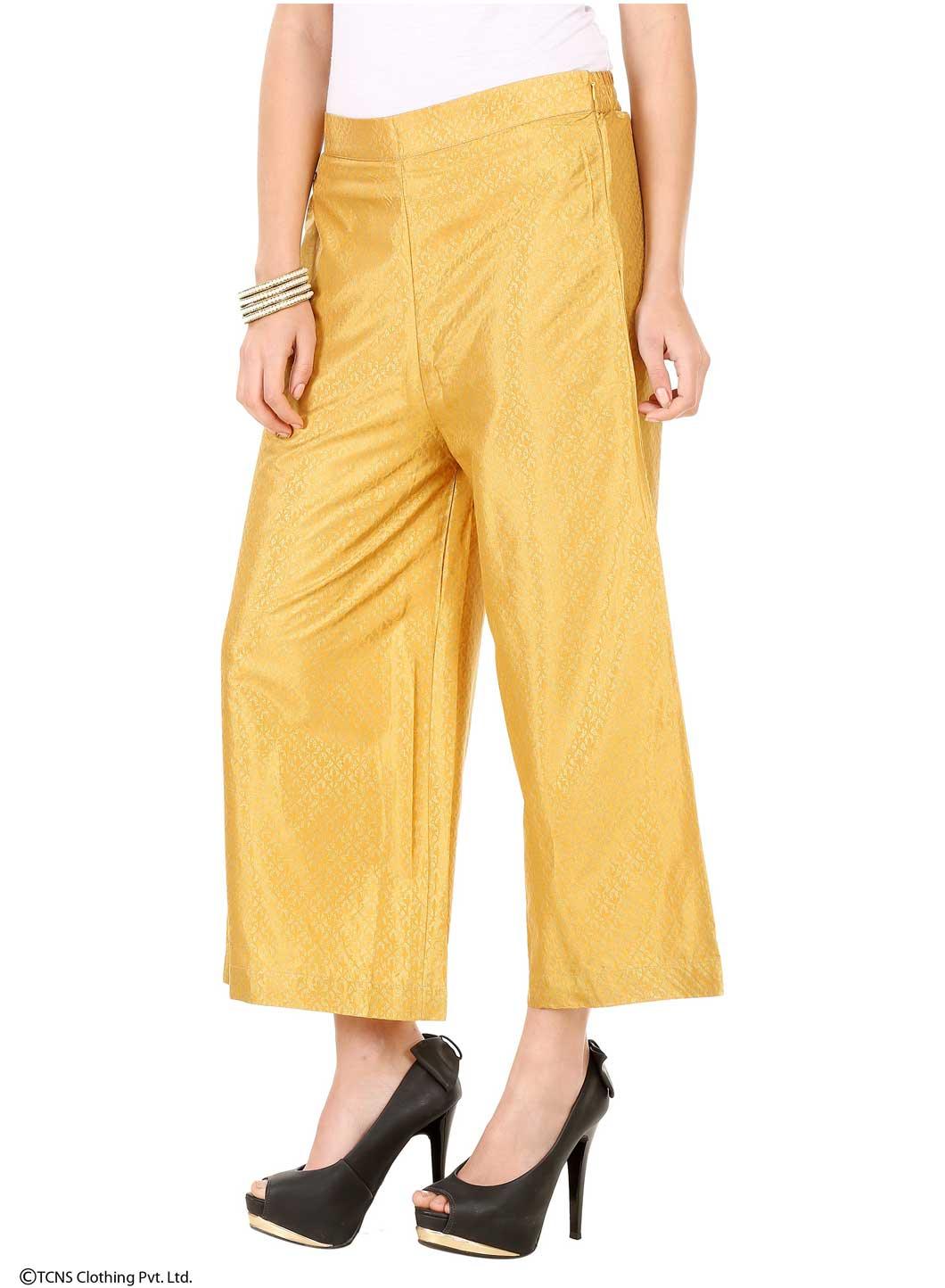 Gold-Toned Printed Ankle-Length Pants - wforwoman