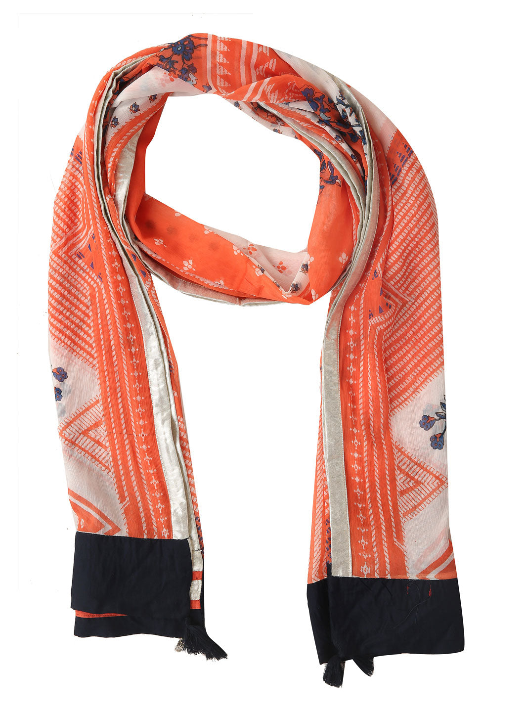 White &amp; Orange Printed Dupatta