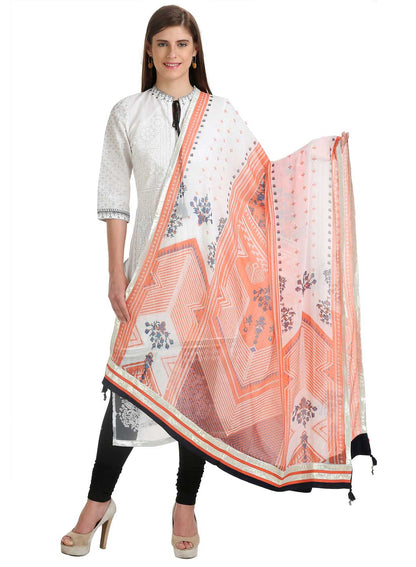 White &amp; Orange Printed Dupatta