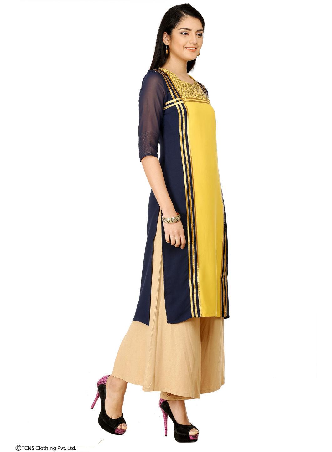 Blue Embellised 3/4 Sleeve kurta - wforwoman