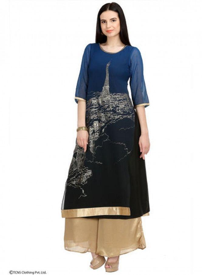 Blue Embellished 3/4 Sleeve kurta - wforwoman