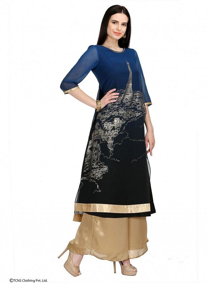 Blue Embellished 3/4 Sleeve kurta - wforwoman