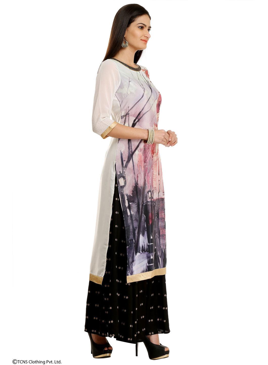 Off-White Printed 3/4 Sleeve kurta - wforwoman