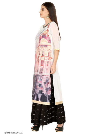 Off-White Printed 3/4 Sleeve kurta - wforwoman