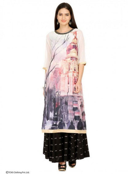 Off-White Printed 3/4 Sleeve kurta - wforwoman