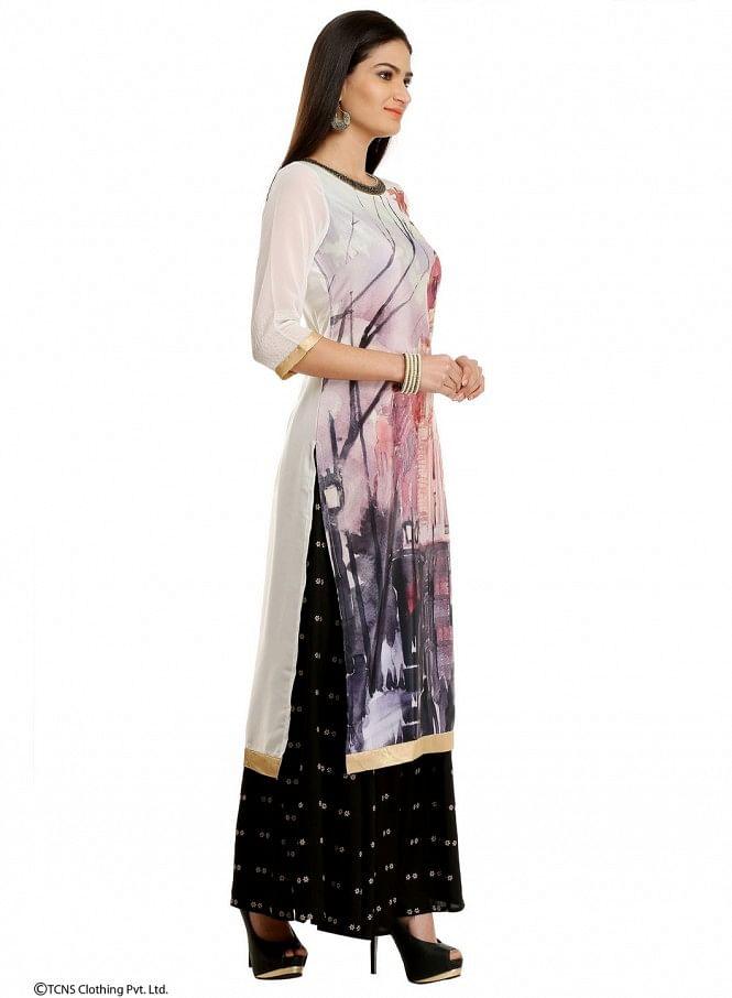 Off-White Printed 3/4 Sleeve kurta - wforwoman