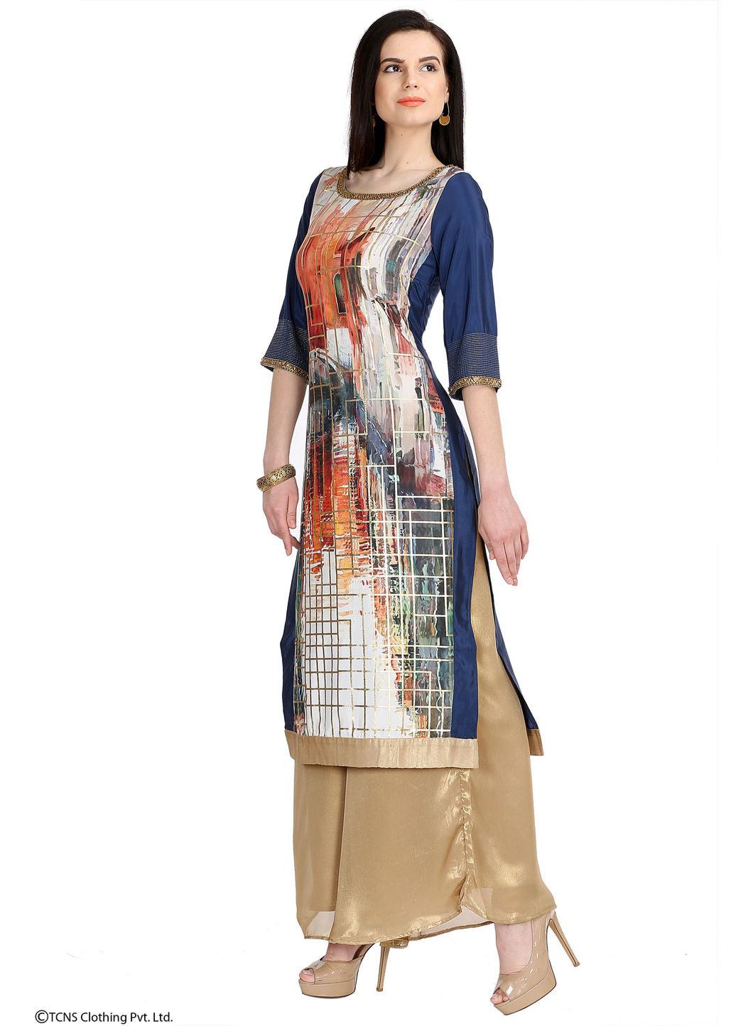 Blue Embellished Printed 3/4 Sleeve kurta - wforwoman