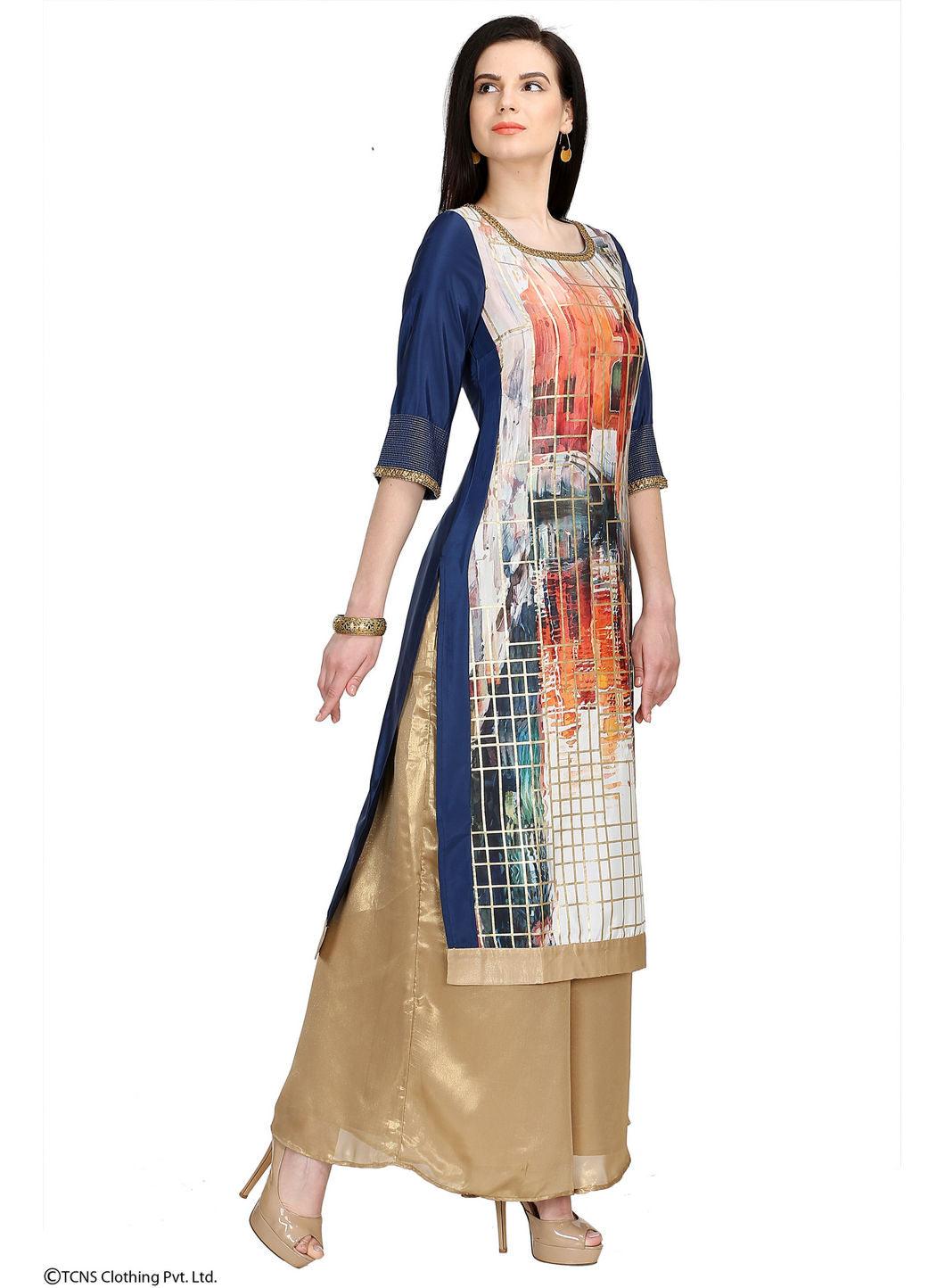 Blue Embellished Printed 3/4 Sleeve kurta - wforwoman