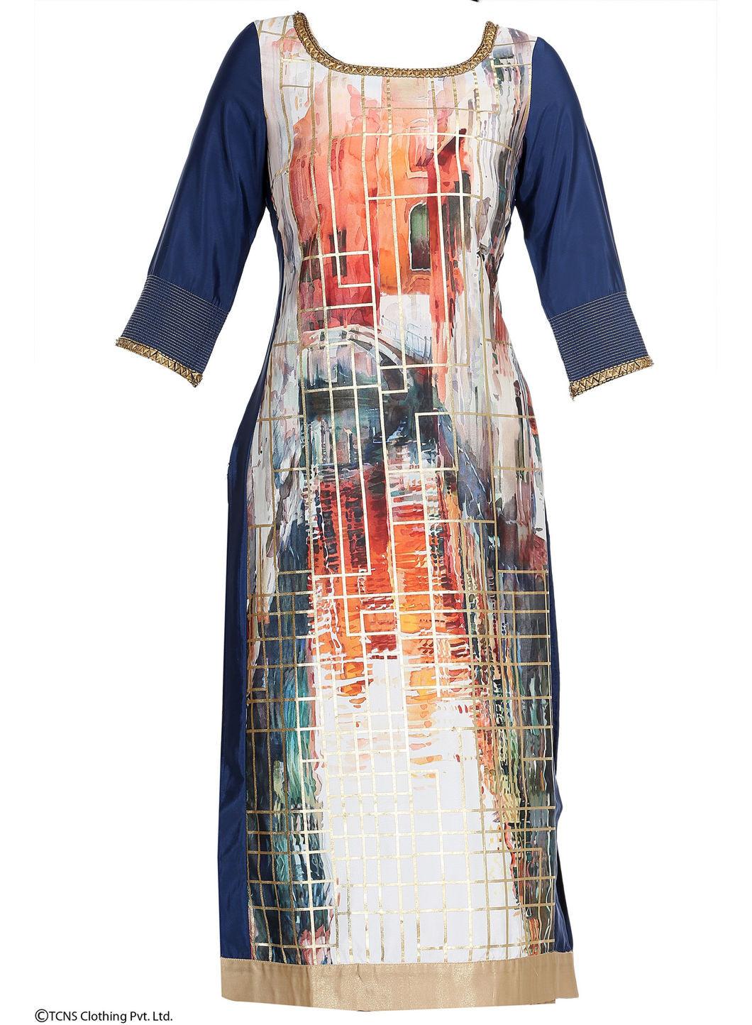 Blue Embellished Printed 3/4 Sleeve kurta - wforwoman