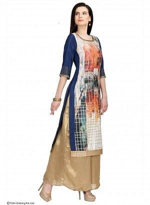 Blue Embellished Printed 3/4 Sleeve kurta - wforwoman