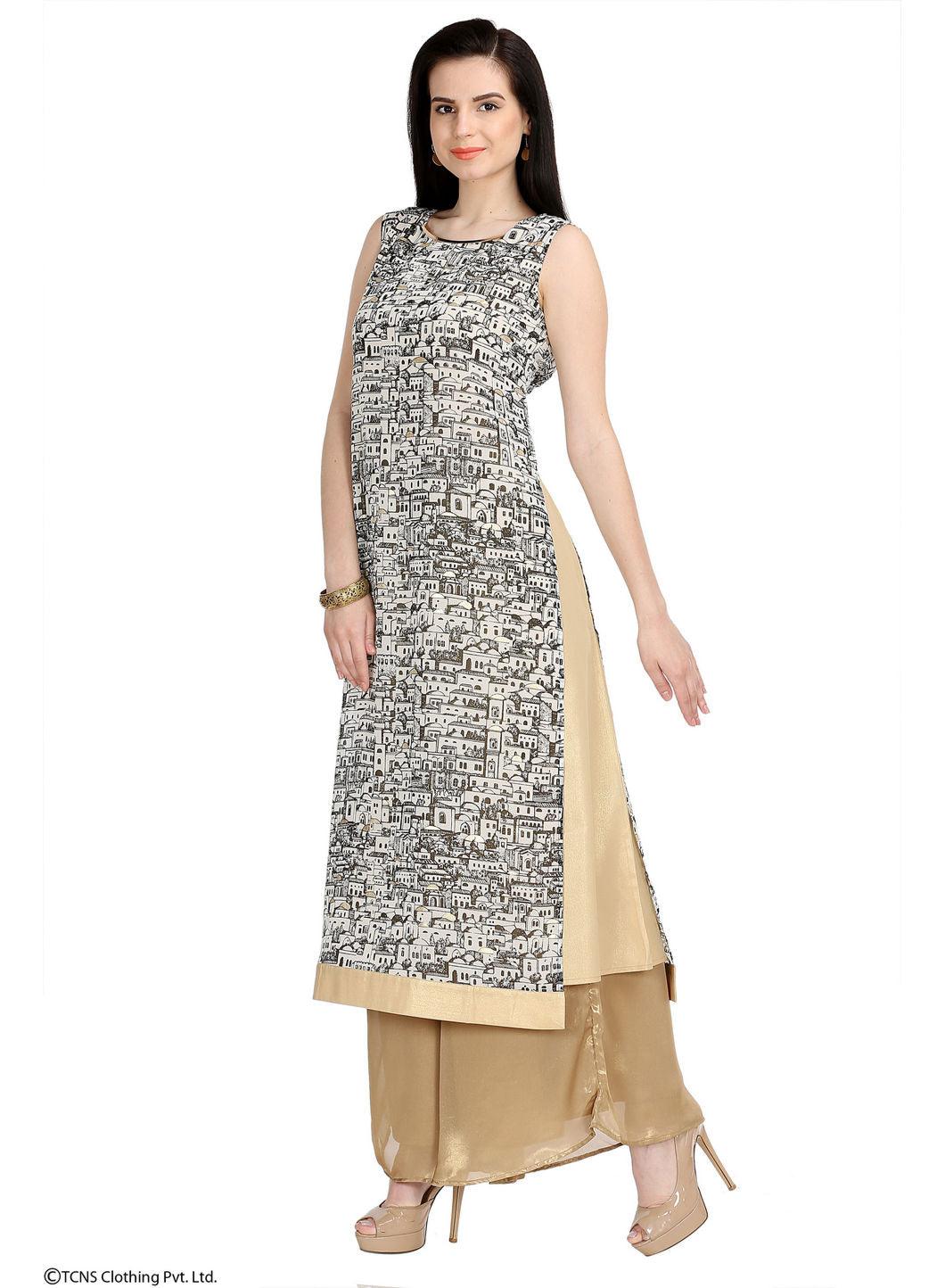 Cream-coloured Printed Sleeveless kurta - wforwoman