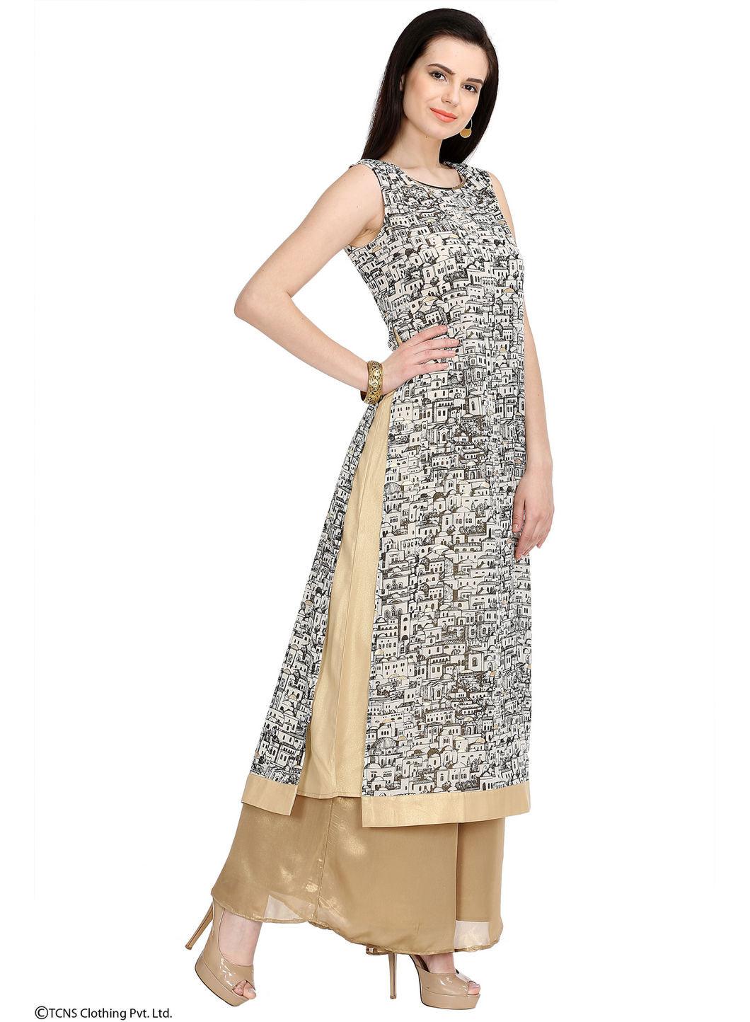 Cream-coloured Printed Sleeveless kurta - wforwoman