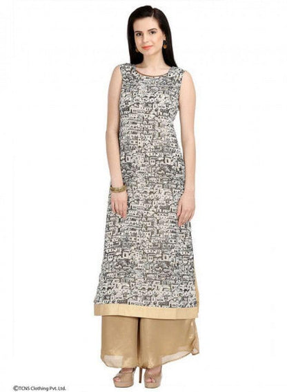 Cream-coloured Printed Sleeveless kurta - wforwoman