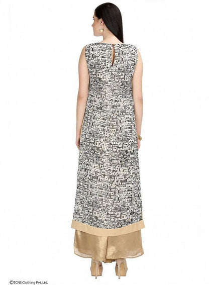 Cream-coloured Printed Sleeveless kurta - wforwoman