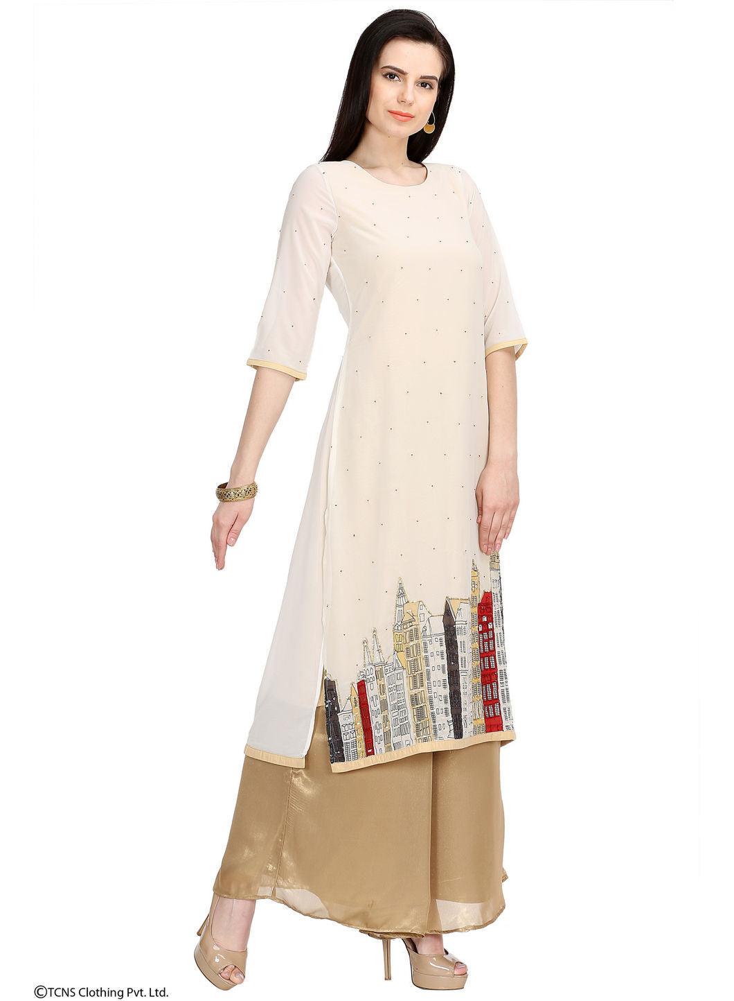 Beige Embellished 3/4 Sleeve kurta - wforwoman