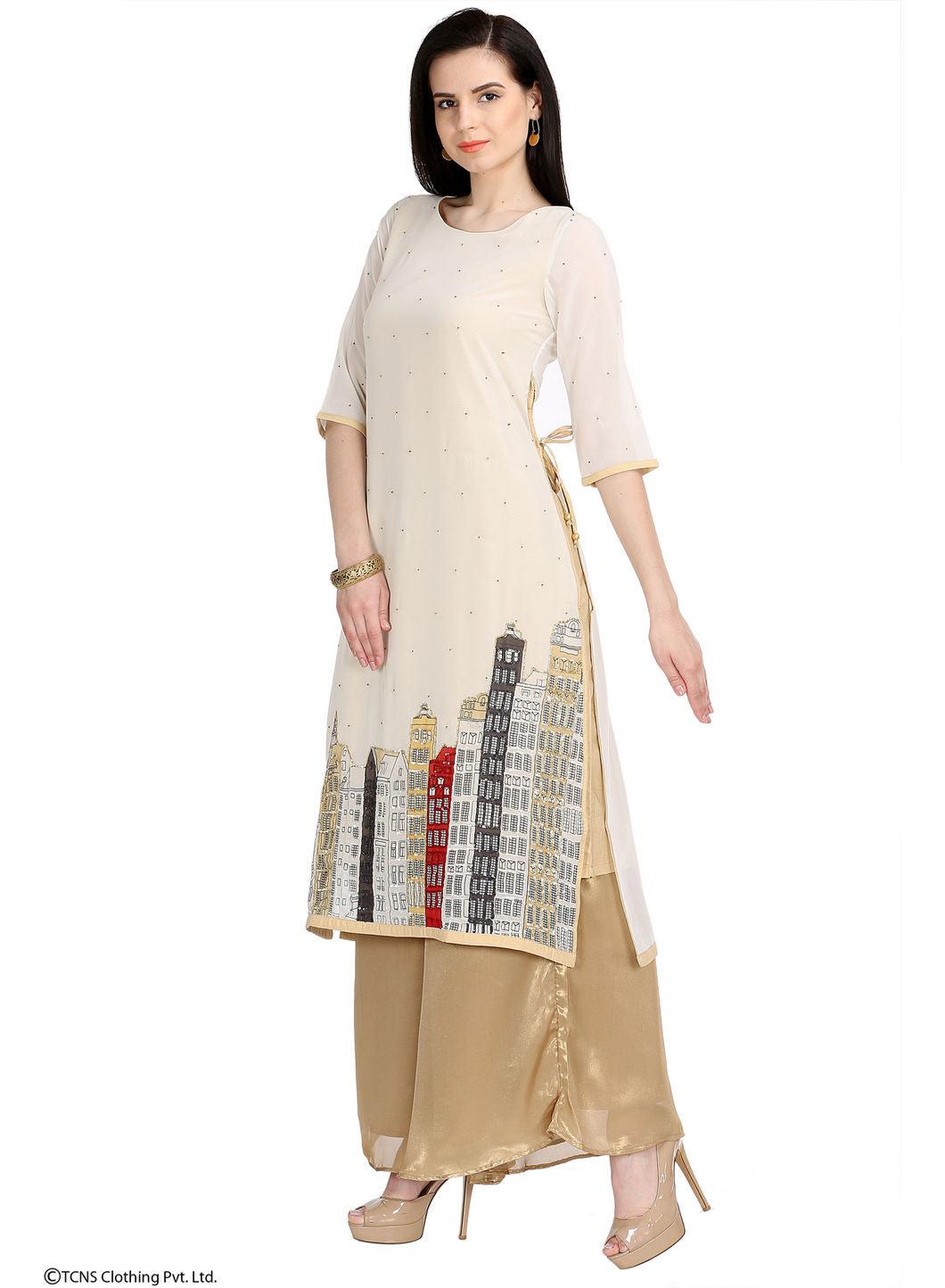 Beige Embellished 3/4 Sleeve kurta - wforwoman