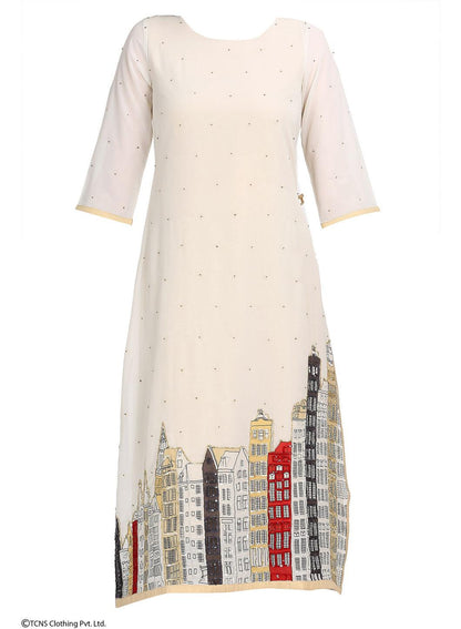 Beige Embellished 3/4 Sleeve kurta - wforwoman