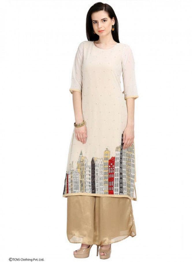 Beige Embellished 3/4 Sleeve kurta - wforwoman