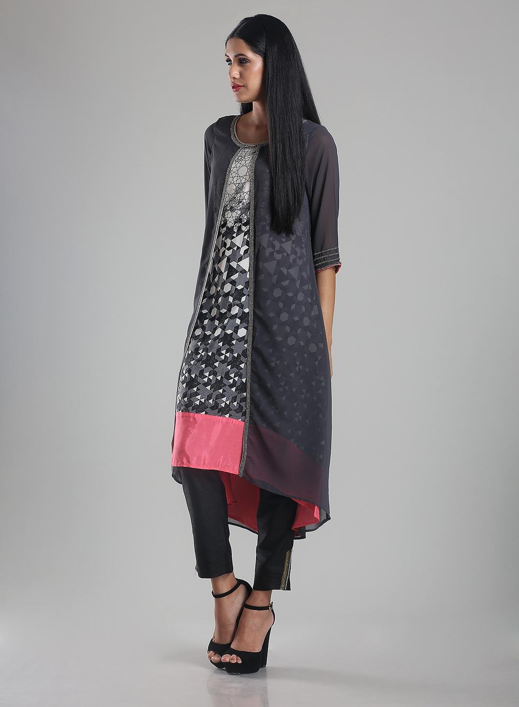 Grey &amp; White 3/4 Sleeve Printed kurta - wforwoman