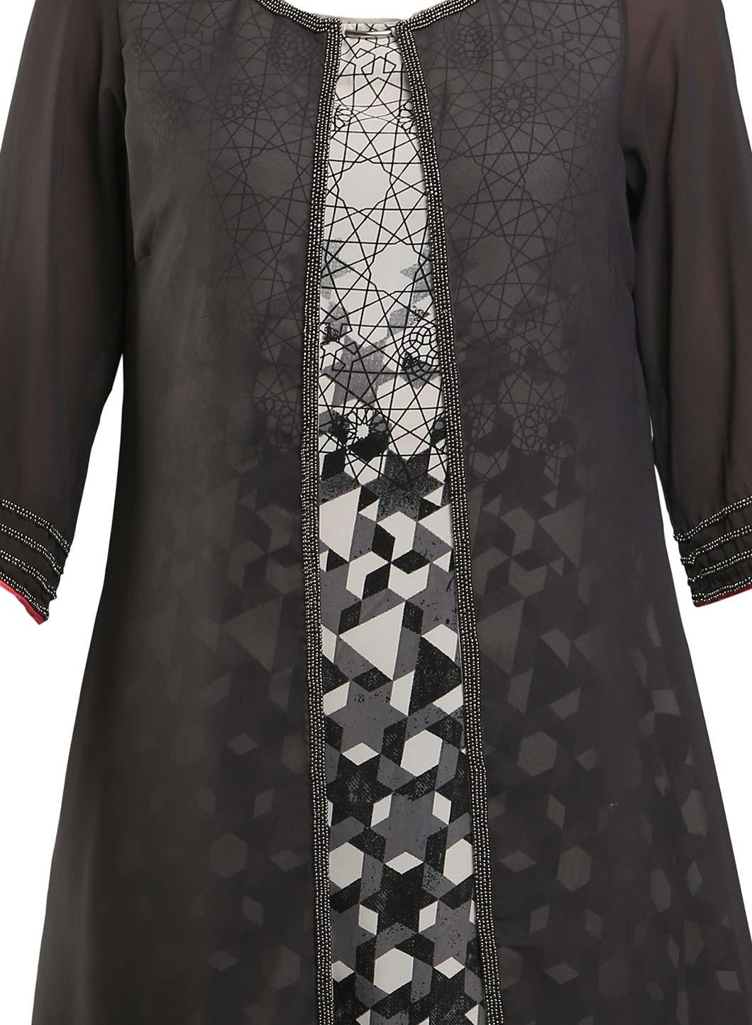 Grey &amp; White 3/4 Sleeve Printed kurta - wforwoman