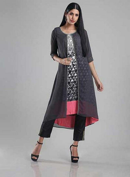 Grey &amp; White 3/4 Sleeve Printed kurta - wforwoman