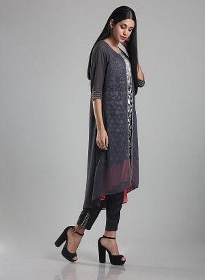 Grey &amp; White 3/4 Sleeve Printed kurta - wforwoman