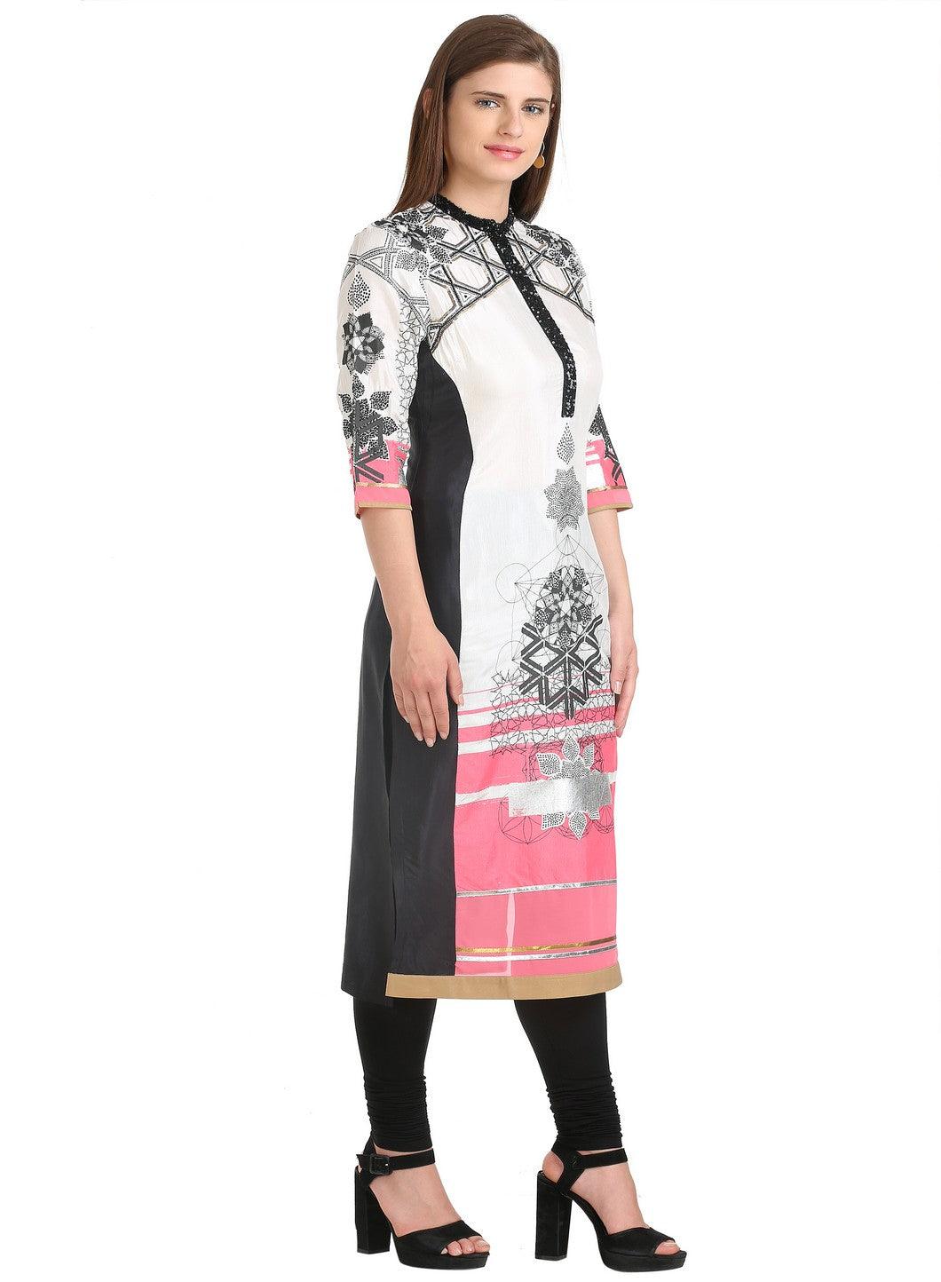 Off White 3/4 Sleeve Mandarin Collar Ecru kurta - wforwoman