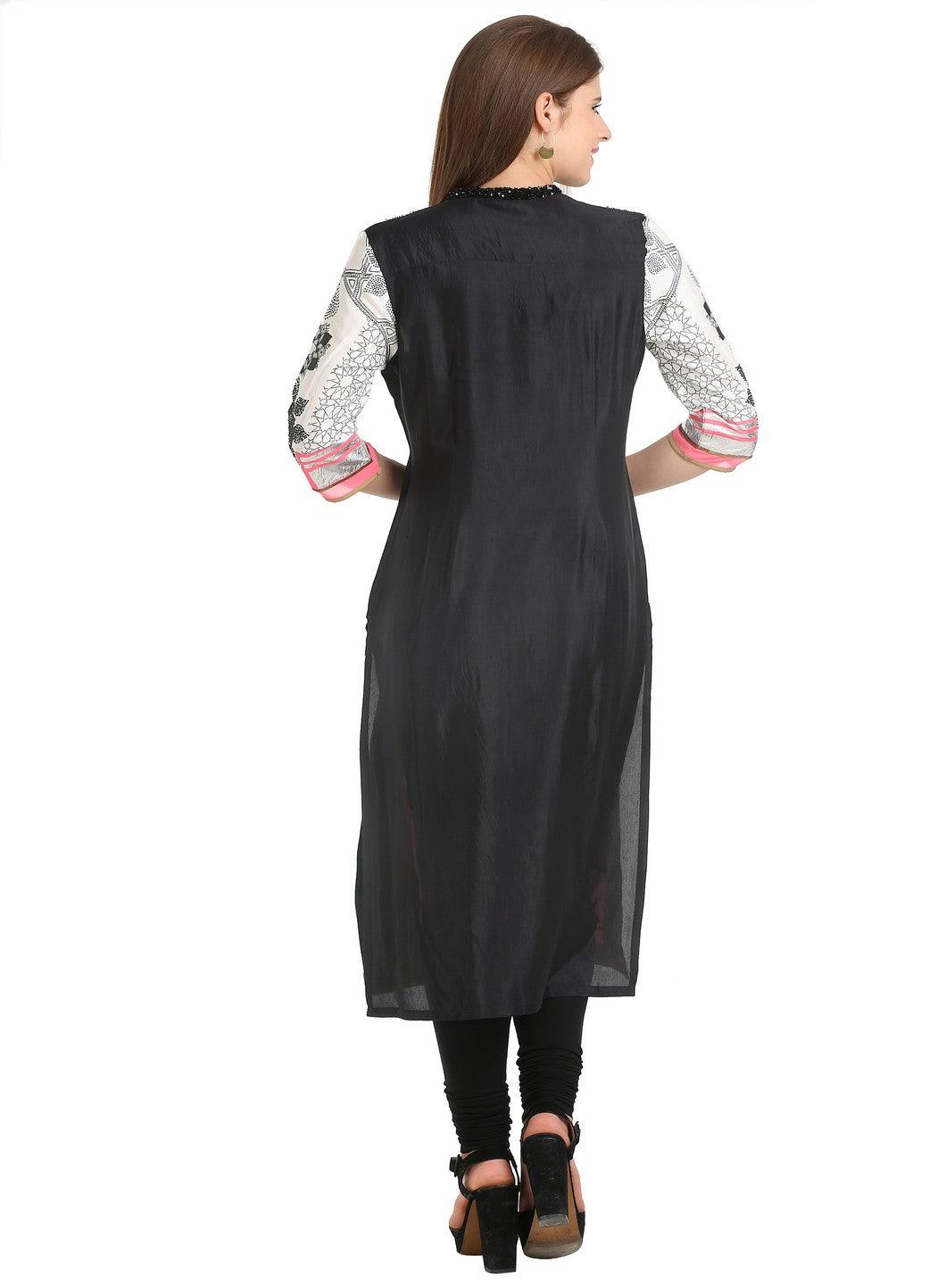 Off White 3/4 Sleeve Mandarin Collar Ecru kurta - wforwoman