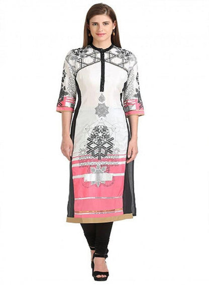 Off White 3/4 Sleeve Mandarin Collar Ecru kurta - wforwoman