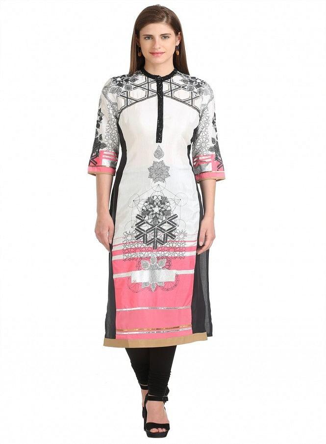 Off White 3/4 Sleeve Mandarin Collar Ecru kurta - wforwoman