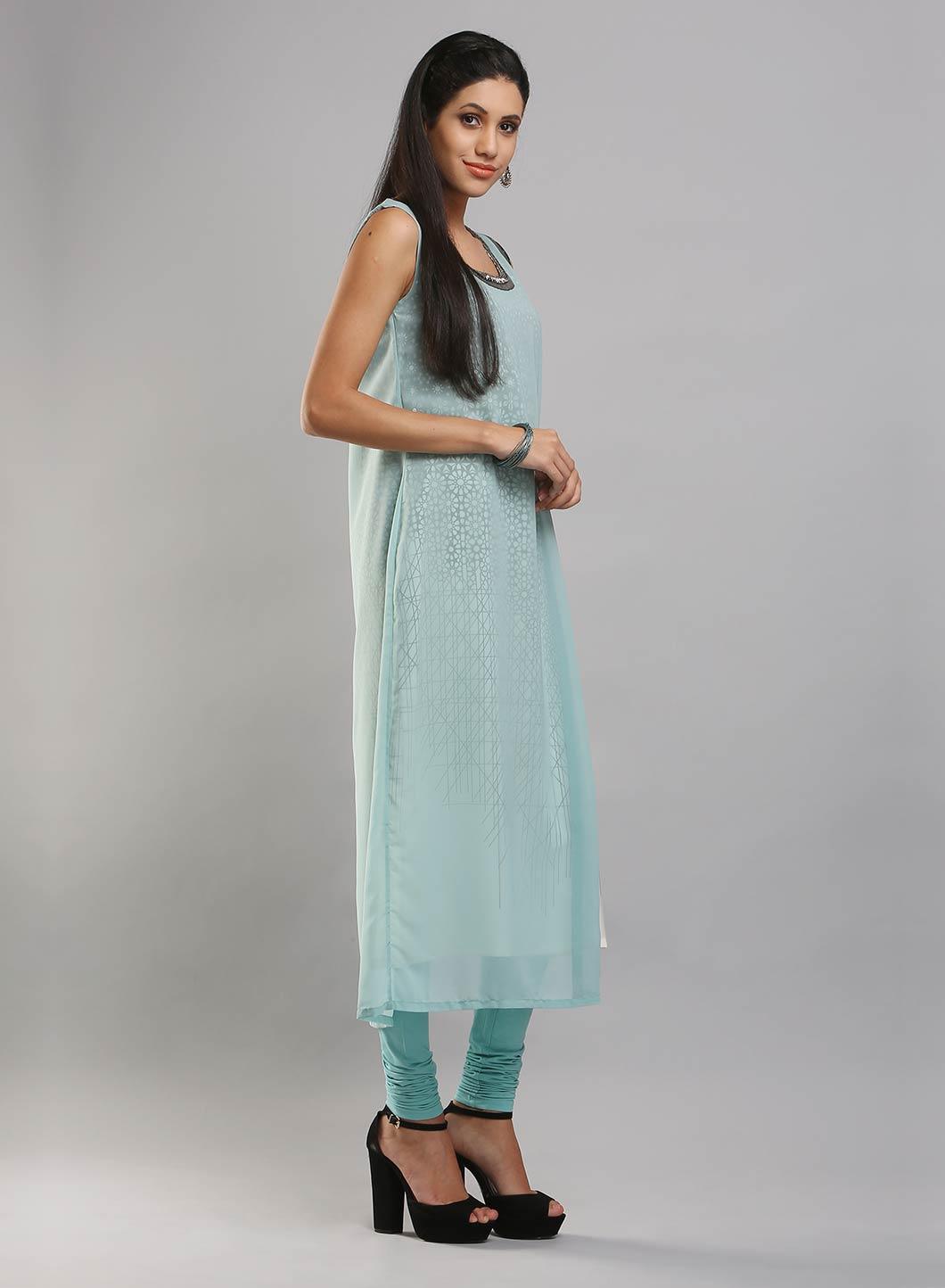 Aqua Blue &amp; White Sleeveless Printed kurta - wforwoman