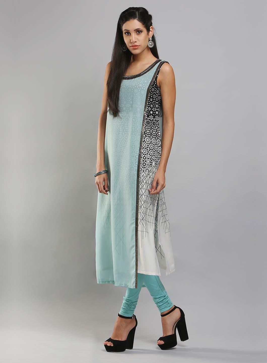 Aqua Blue &amp; White Sleeveless Printed kurta - wforwoman