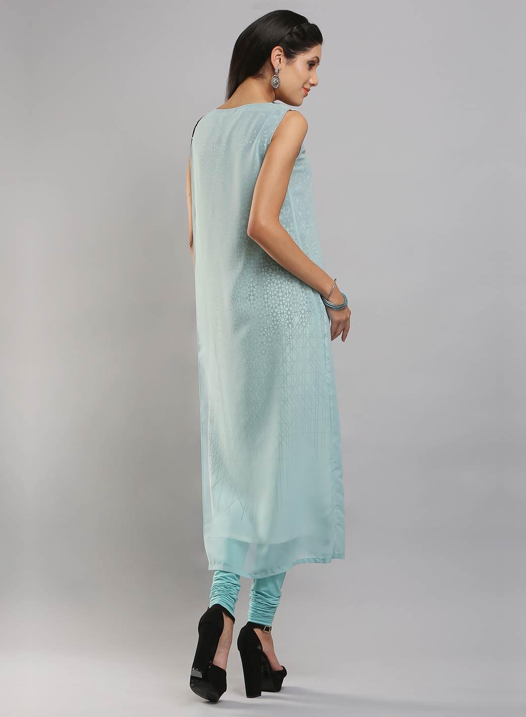 Aqua Blue &amp; White Sleeveless Printed kurta - wforwoman