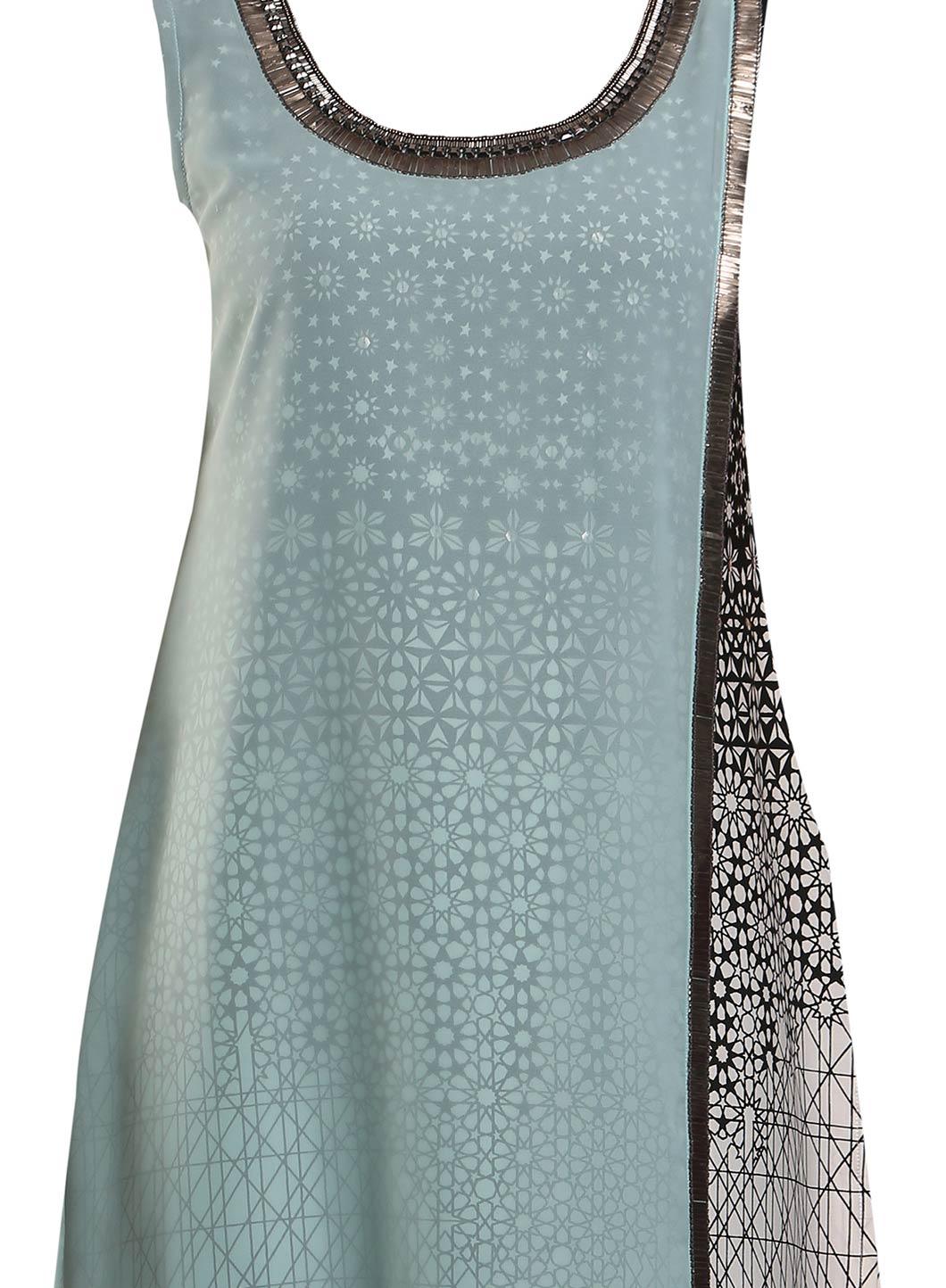 Aqua Blue &amp; White Sleeveless Printed kurta - wforwoman