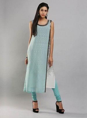 Aqua Blue &amp; White Sleeveless Printed kurta - wforwoman