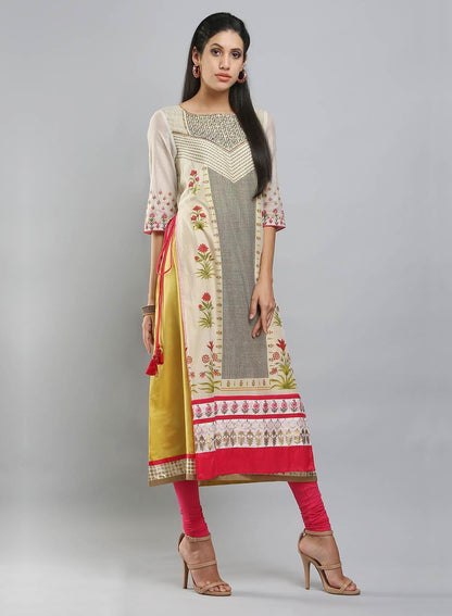 Off-White &amp; Yellow Printed 3/4 Sleeve kurta - wforwoman