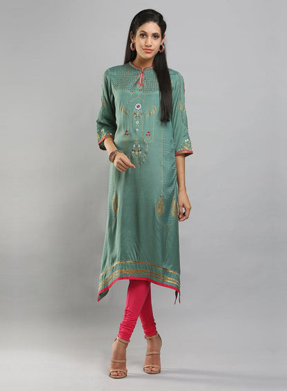 Sea-Green Mandarin Neck Printed kurta - wforwoman