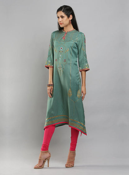 Sea-Green Mandarin Neck Printed kurta - wforwoman