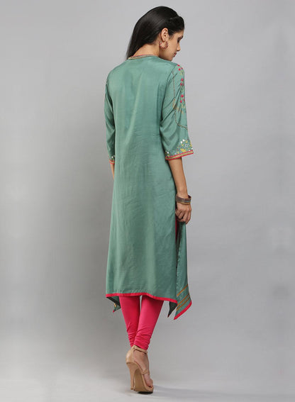 Sea-Green Mandarin Neck Printed kurta - wforwoman