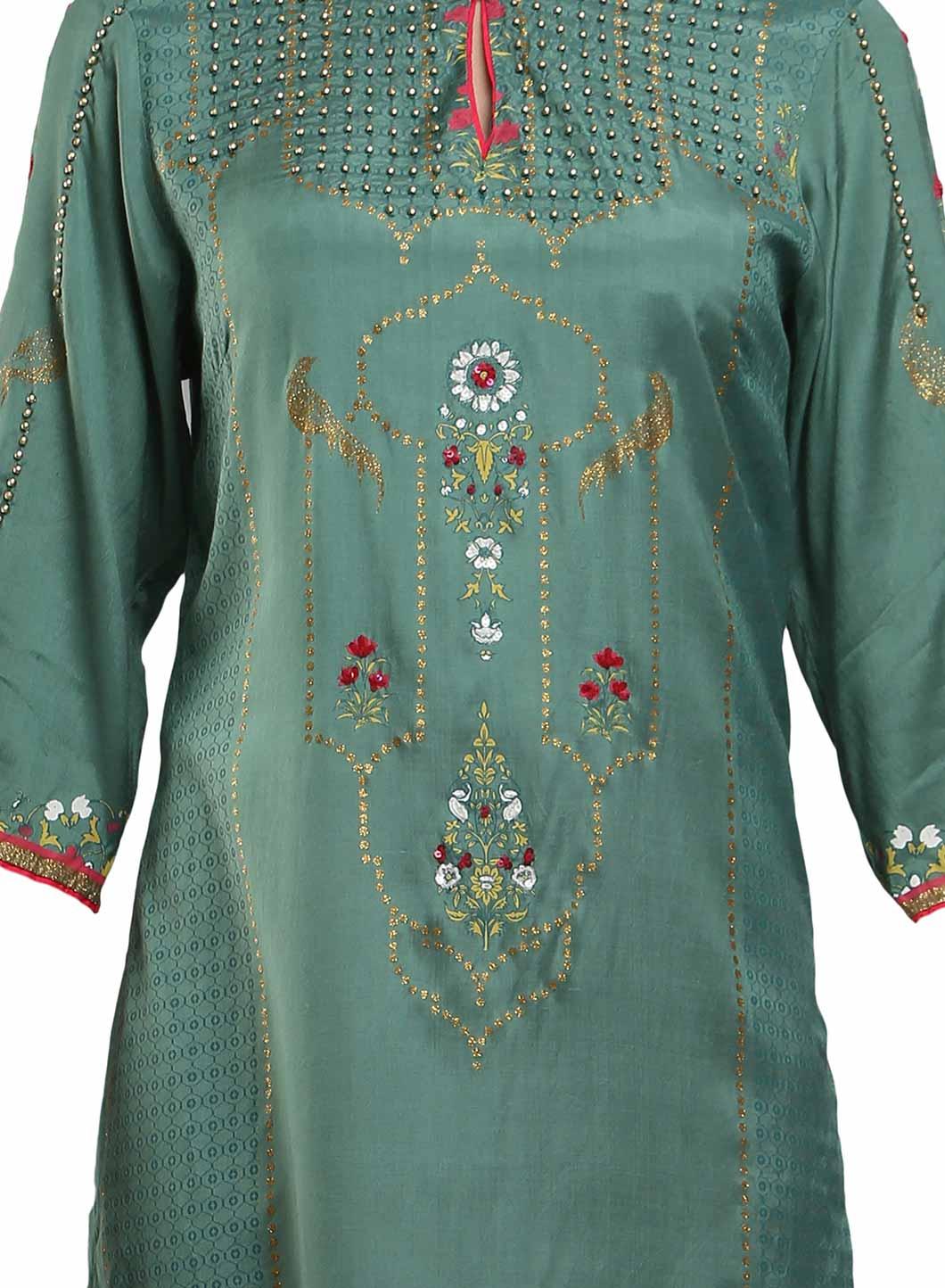 Sea-Green Mandarin Neck Printed kurta - wforwoman