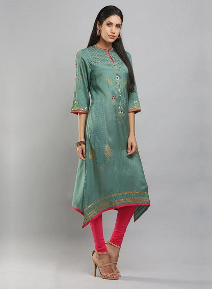 Sea-Green Mandarin Neck Printed kurta - wforwoman