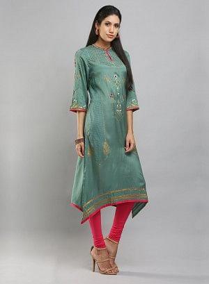 Sea-Green Mandarin Neck Printed kurta - wforwoman