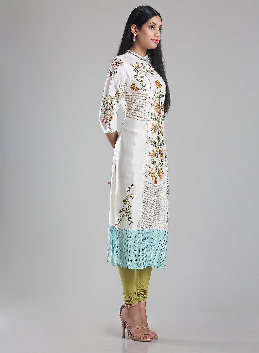 White Mandarin Neck Printed kurta - wforwoman