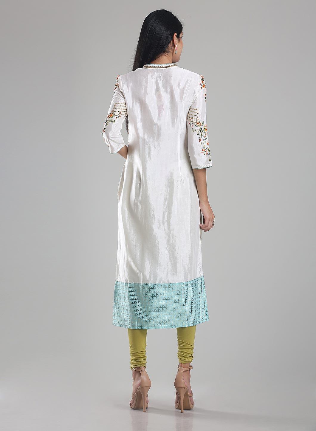 White Mandarin Neck Printed kurta - wforwoman