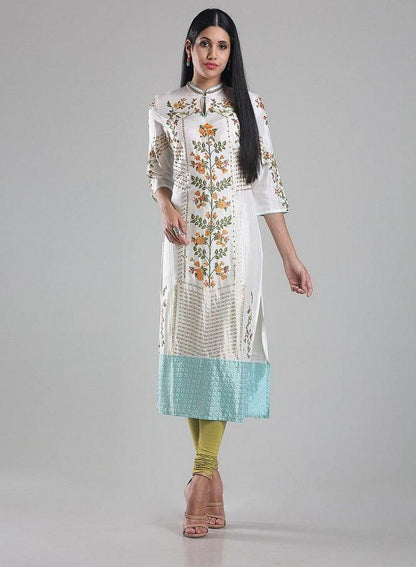 White Mandarin Neck Printed kurta - wforwoman