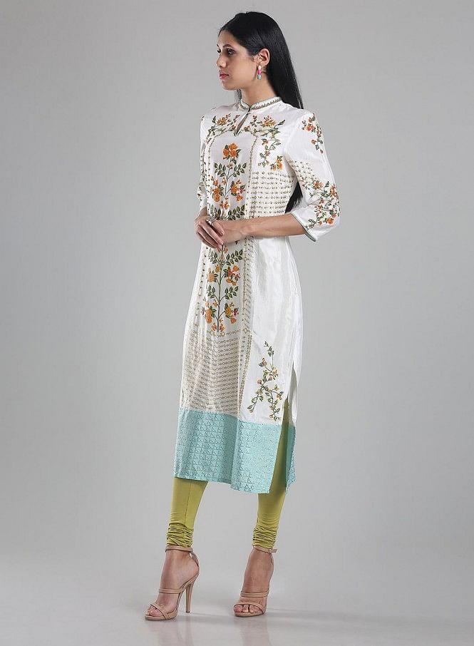 White Mandarin Neck Printed kurta - wforwoman