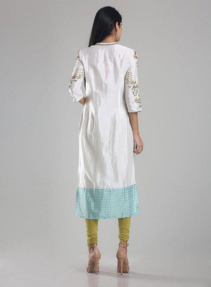 White Mandarin Neck Printed kurta - wforwoman