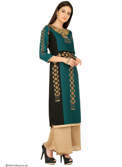 Black Printed 3/4 Sleeve kurta - wforwoman