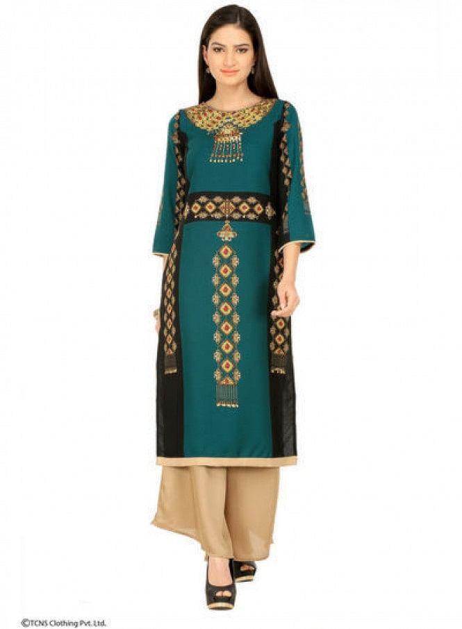 Black Printed 3/4 Sleeve kurta - wforwoman